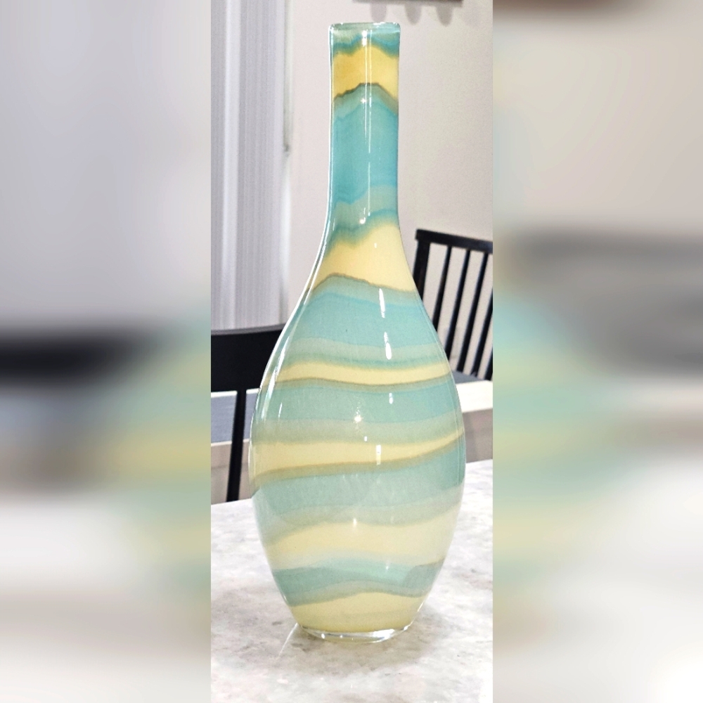 Vintage lg Vase Handblown Swirl 15.5" Tall Bluish Teal Cream Perfect Condition!